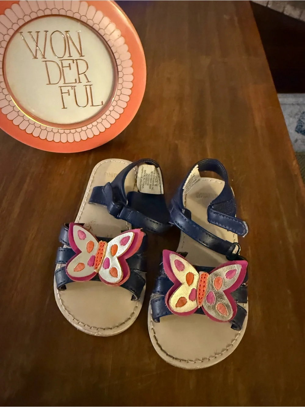 Girls Navy Butterfly Strap Sandals with Pink Accent